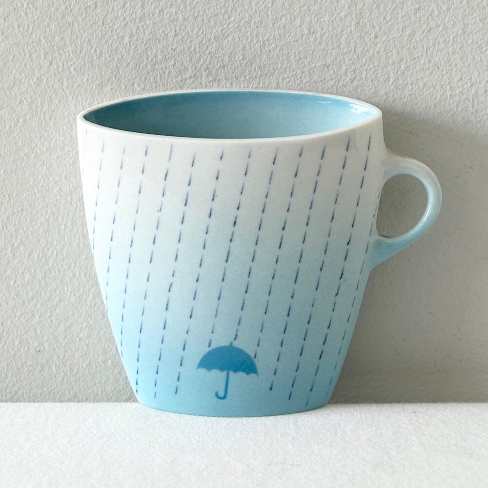 Pentik Novus Finland Slim Mug Cup Pottery Vase Blue Rain Umbrella Suku Park Vtg